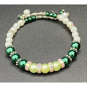 White & Green Faux Pearl Memory Wire Bracelet by Neanie-Bot